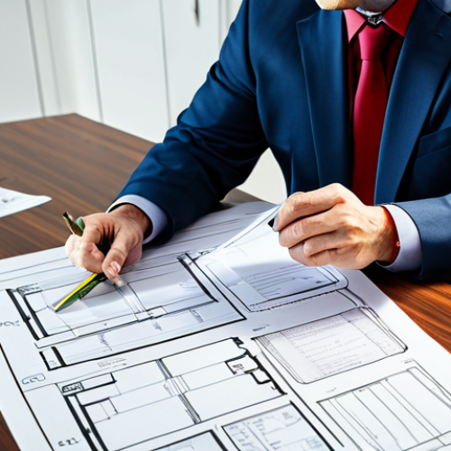 A seasoned fire safety manager, fully clothed in professional attire, reviewing blueprints in a modern office. Appropriate content, safe for work, perfect anatomy, natural proportions. The scene is well-lit, showcasing various safety regulations charts in the background, ensuring a professional and modest environment.