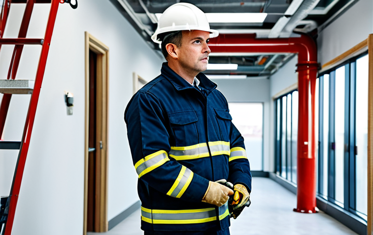 **

"A professional fire safety manager in appropriate attire, inspecting a building's sprinkler system with a building services engineer, both fully clothed, safe for work, professional setting, well-lit, perfect anatomy, correct proportions, high quality, modern building interior, family-friendly."

**