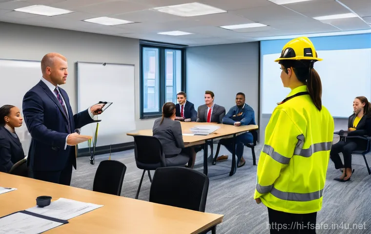 소방안전관리사와 기업 안전 담당자의 협업 - **Prompt:** A cinematic, high-resolution shot capturing a Fire Safety Manager and a Corporate Securi...