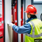 소방안전관리사 직무분석 - A detailed scene of a fire safety manager conducting a thorough daily inspection in a modern office ...