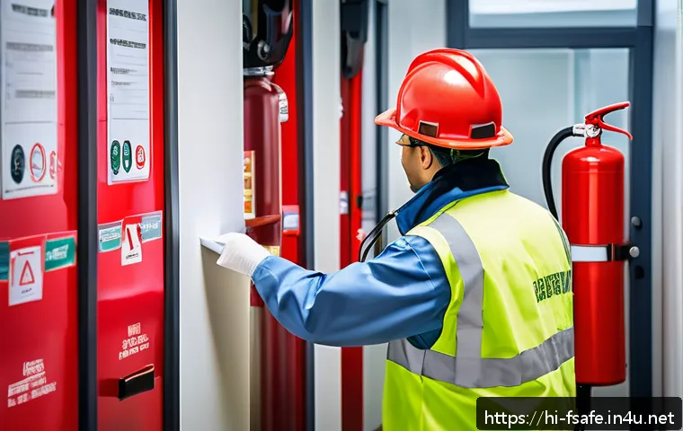 소방안전관리사 직무분석 - A detailed scene of a fire safety manager conducting a thorough daily inspection in a modern office ...
