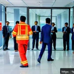 소방안전관리사와 교육훈련 사례 - A detailed scene of a diverse group of Indian office workers participating in a fire safety drill in...