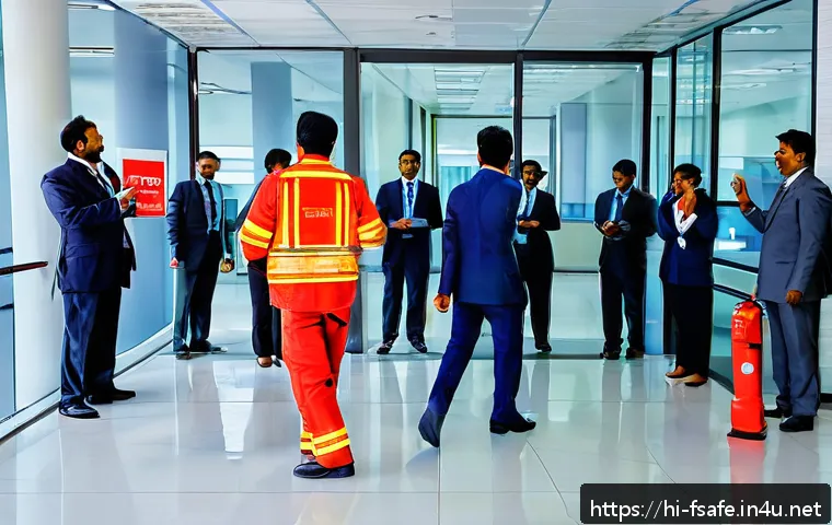 소방안전관리사와 교육훈련 사례 - A detailed scene of a diverse group of Indian office workers participating in a fire safety drill in...