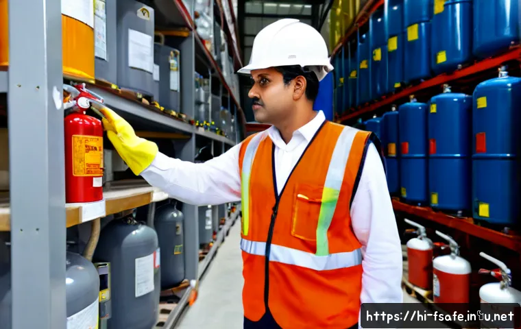 소방안전관리사와 위험물관리법 - Photorealistic Indian fire safety manager wearing a clean helmet, high-visibility vest, and protecti...